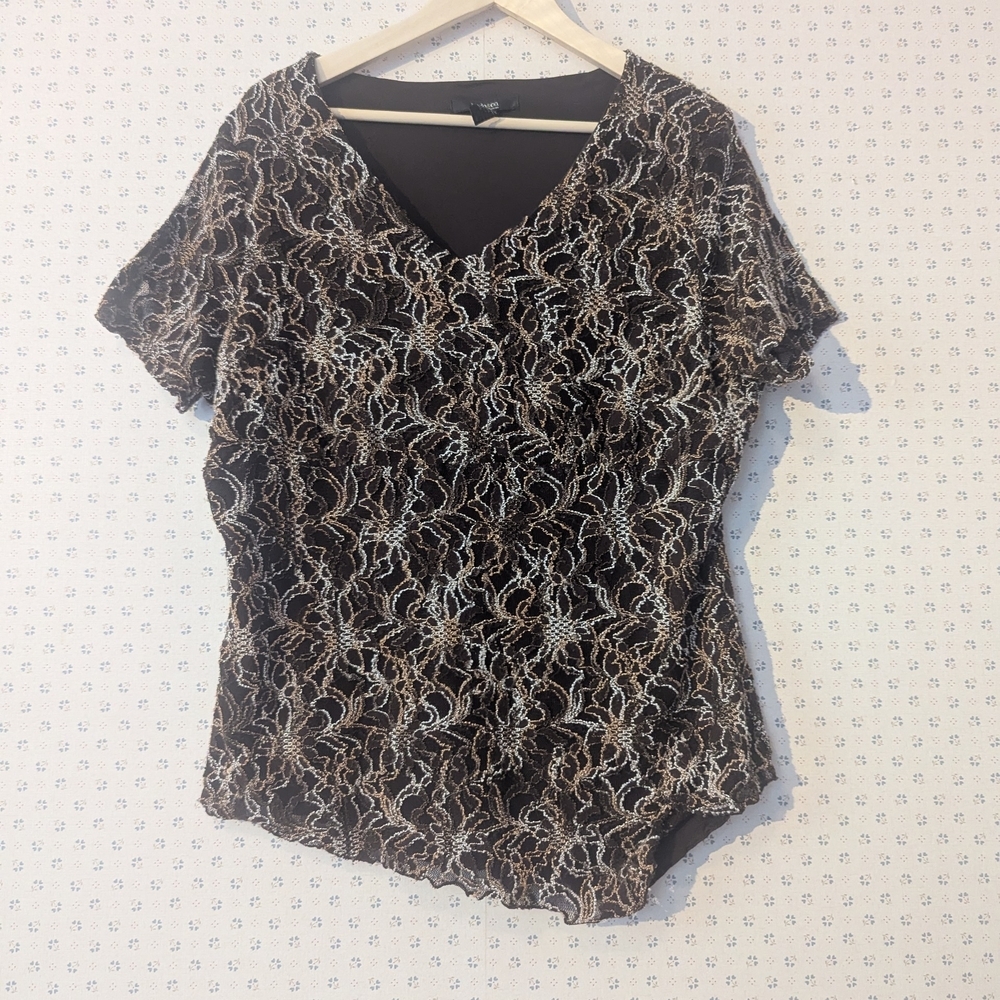 🤎 Style & Co. 1X Top Womens Mocha Lace Embroidery Assymetrical Lined Vintage